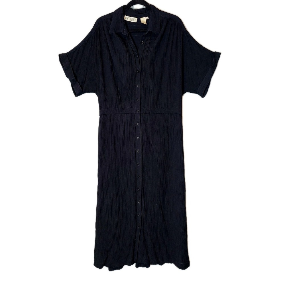 Vtg Together! Maxi Shirt Dress Black 90s Crinkle Resort Grunge Festival Flowy 18